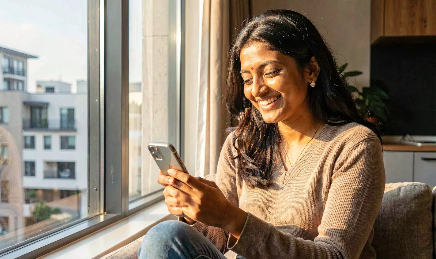Young Bangladeshi woman sitting by a sunny window enjoying mobile gameplay on the 24OK casino app with a relaxed and happy expression