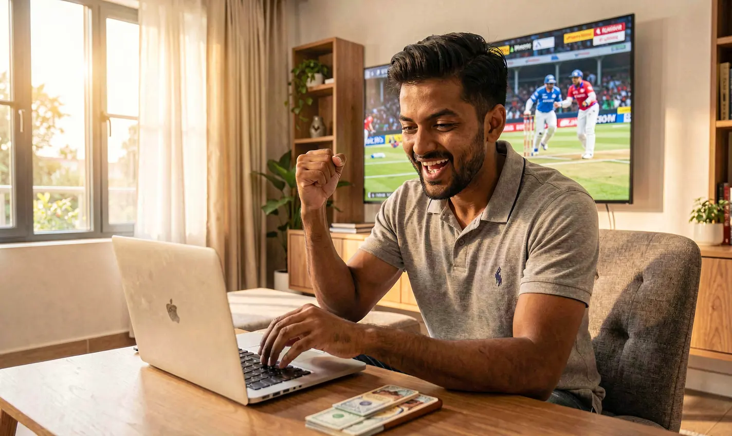 Excited Bangladeshi sports betting enthusiast celebrating a winning moment while placing online bets on a laptop during a live cricket match using 24OK
