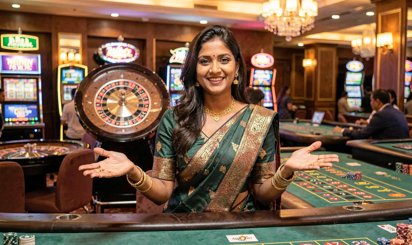 Smiling live casino dealer in a red dress presenting the roulette table surrounded by bright lights highlighting the premium 24OK casino bonus experience for Bangladesh