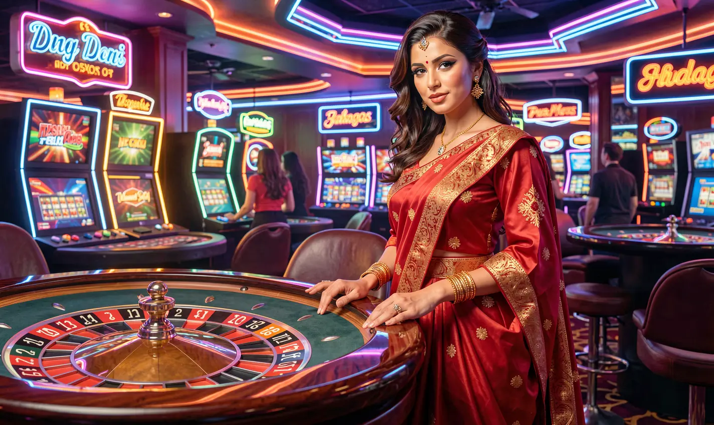 Elegant woman in a luxurious red dress standing near a glowing roulette wheel in a modern casino atmosphere at 24OK Casino for players in Bangladesh