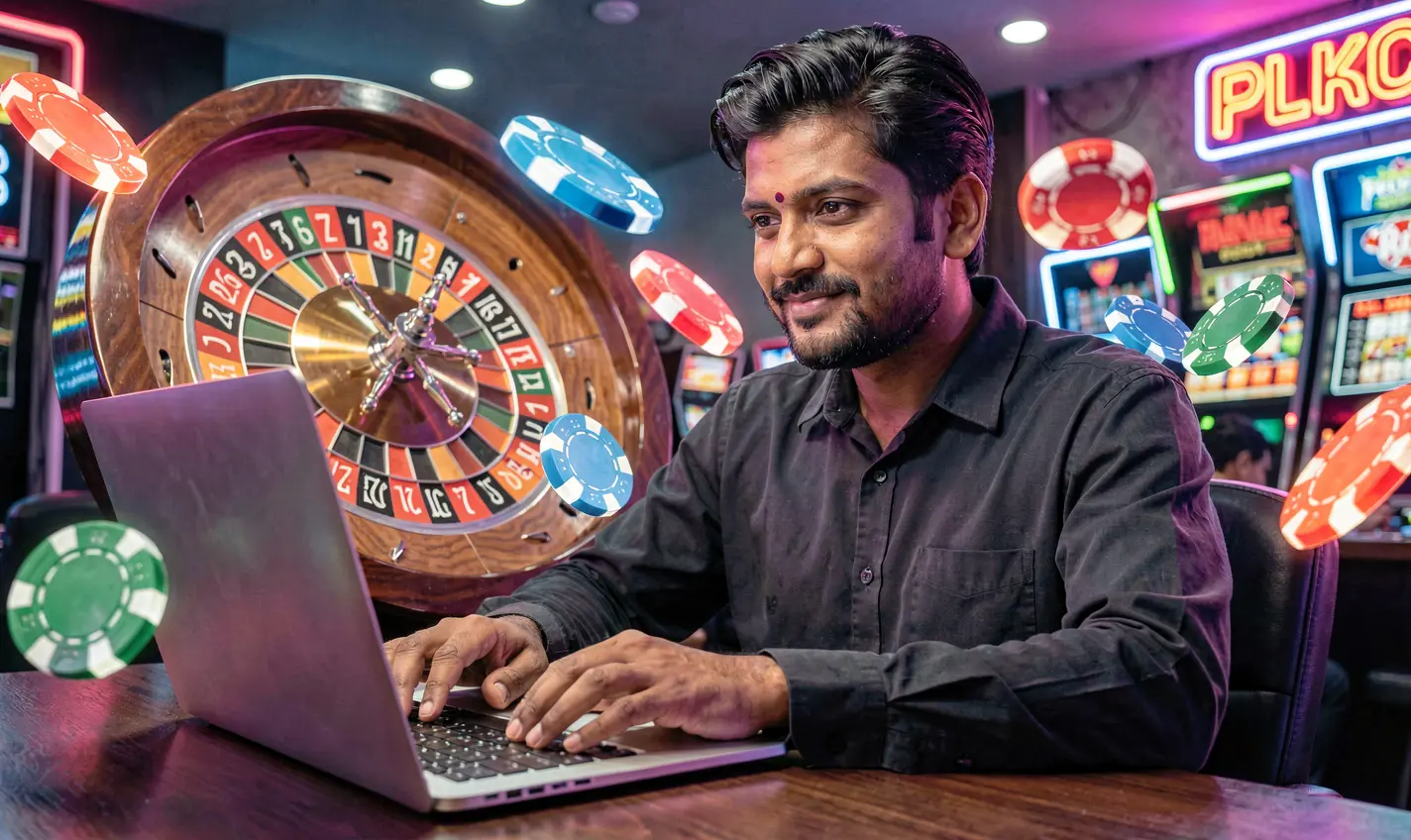 Focused Bangladeshi player enjoying immersive online casino games on a laptop with glowing digital chips representing 24OK games