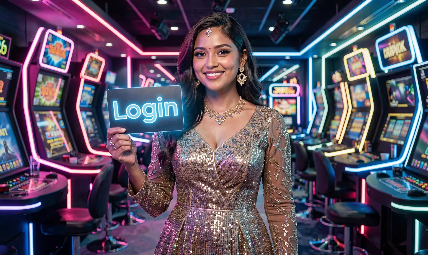 Glamorous Bangladeshi woman holding a glowing login card in a neon casino setting representing secure access at 24OK