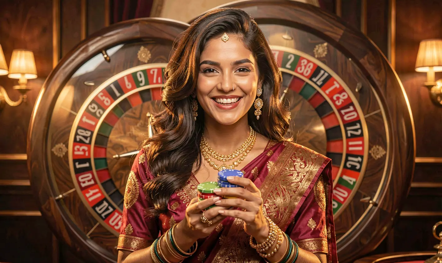 Smiling casino player holding poker chips with a glowing roulette wheel behind her showcasing the thrilling live casino action at 24OK for Bangladeshi users