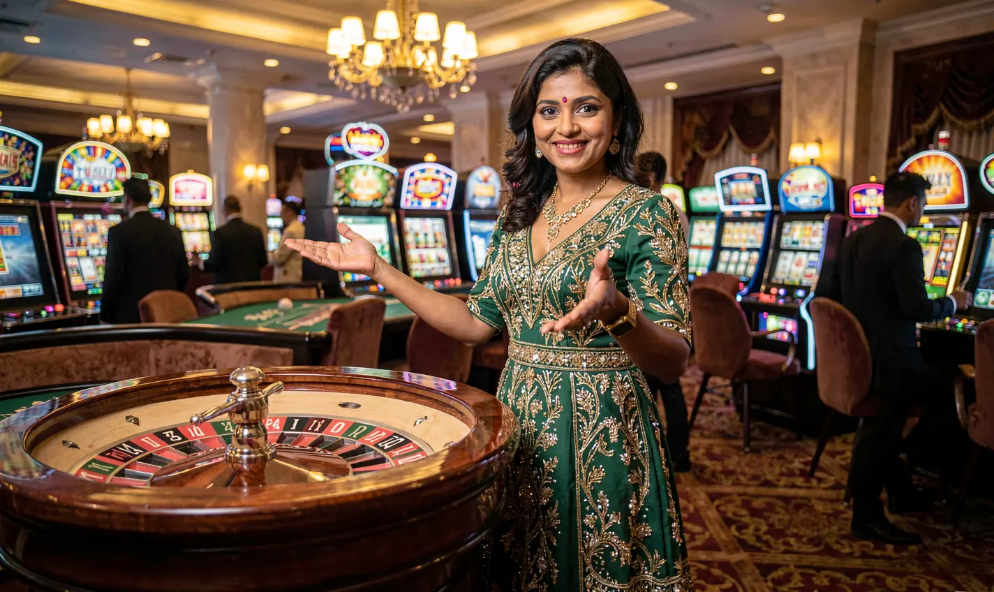 Elegant live casino dealer in a glamorous dress presenting a roulette table inside the luxurious 24OK casino atmosphere for players in Bangladesh