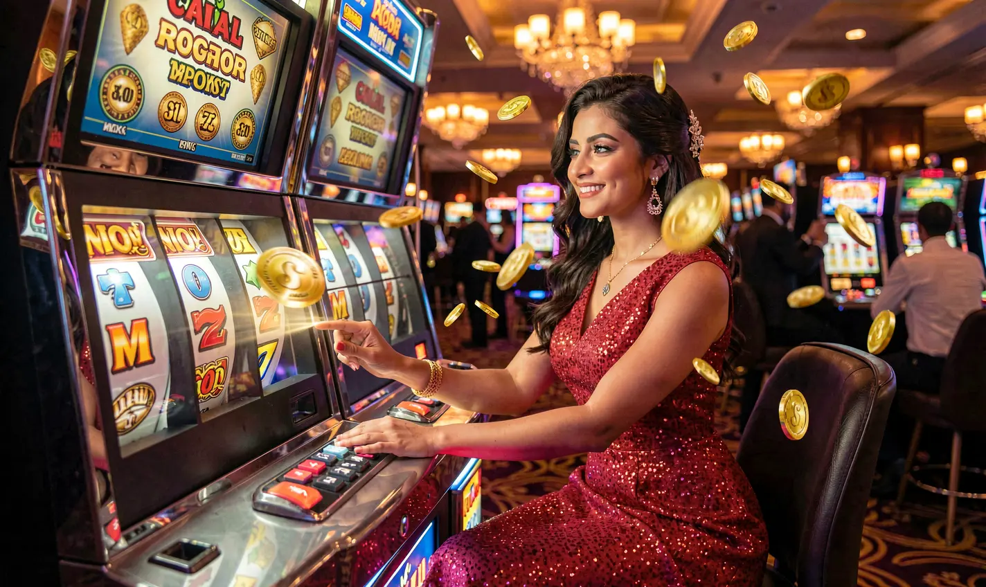 24OK – Experience high class slot gaming with real rewards in Bangladesh A glamorous woman in a sparkling red dress playing a glowing slot machine with spinning reels and falling gold coins at 24OK casino in Bangladesh